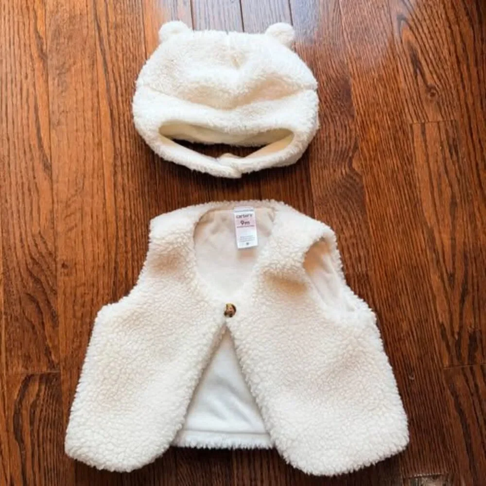 Carter's Teddy Bear Sherpa Vest Hat Set 9M Neutral Baby Outfit